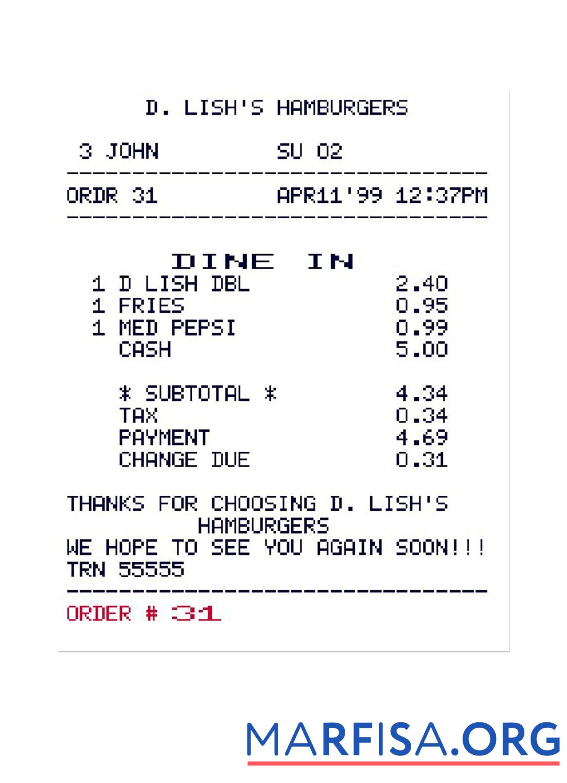 Printable D. LISH'S HAMBURGERS payment check sample